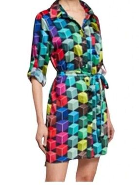 MILLY Button Up 3/4 Sleeve Cube Print Mini Shirt Dress Shirtdress Italy